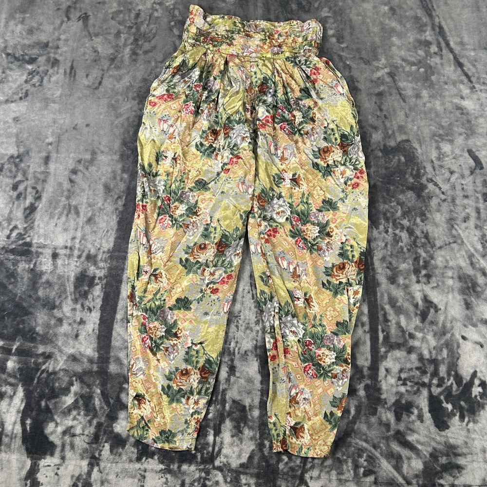 Studio I Floral Pants Womens Small Green Rayon High Waist Tapered Vintage 90s